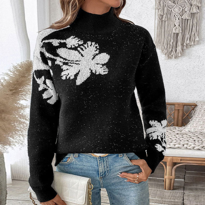 Women's Knitted Sweater with Floral Pattern and High Collar Lune London