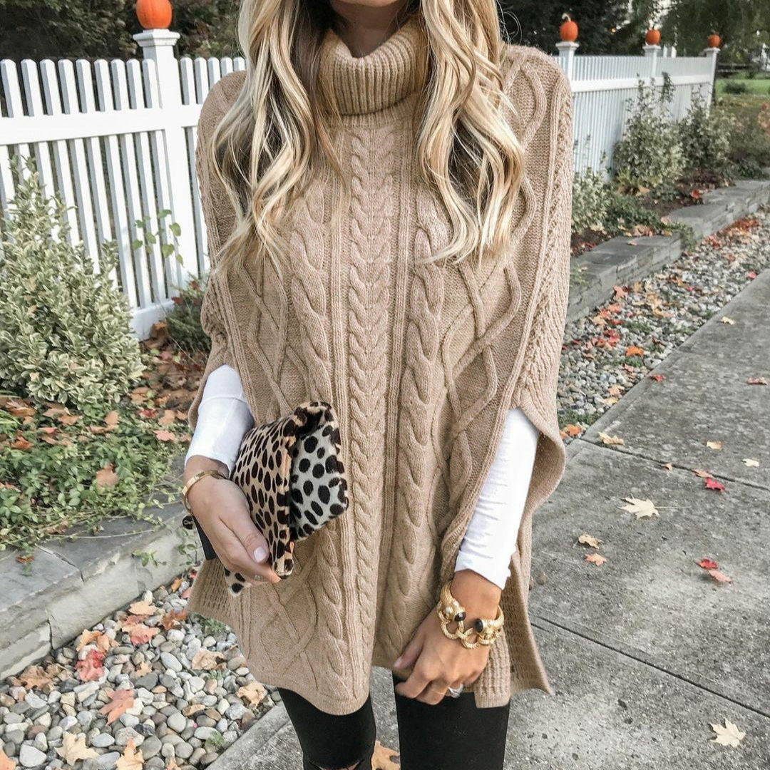 Women's Chunky Knit Poncho with High Collar and Cable Design Lune London