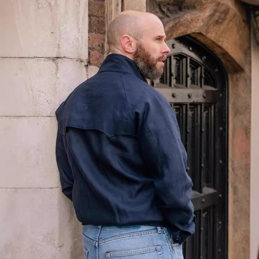 Lightweight quilted jacket for men with high collar and practical pockets Lune London