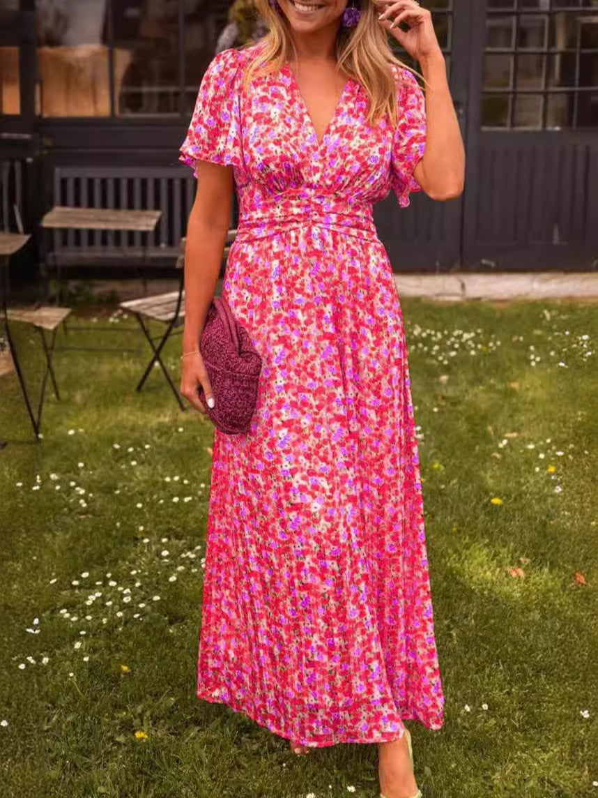 Maxi dress for women with floral gathers and V-neck Lune London