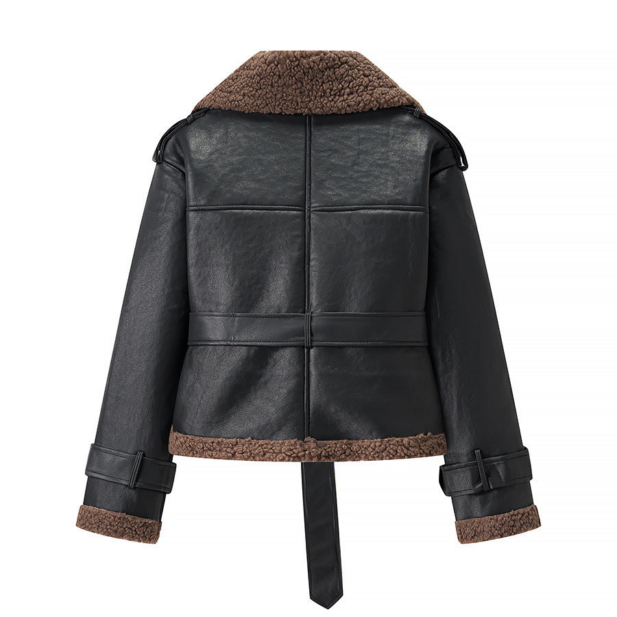 Trendy biker jacket for women with faux fur collar and belt Lune London