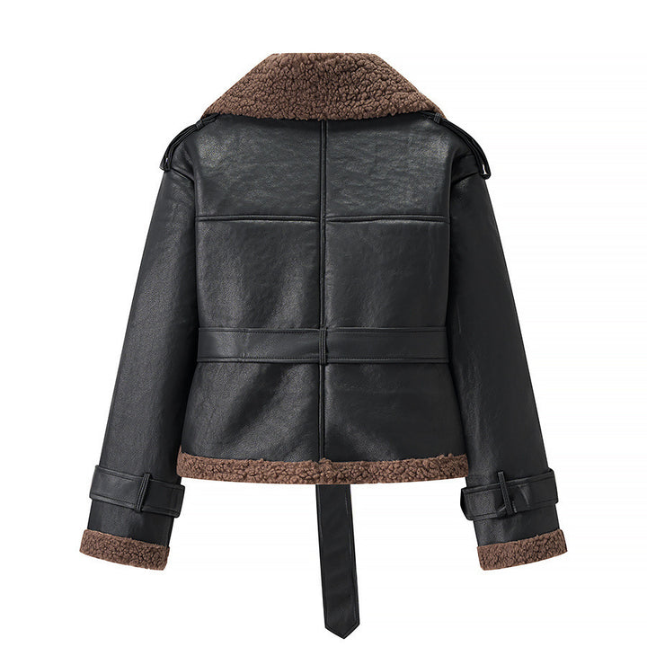Trendy biker jacket for women with faux fur collar and belt Lune London