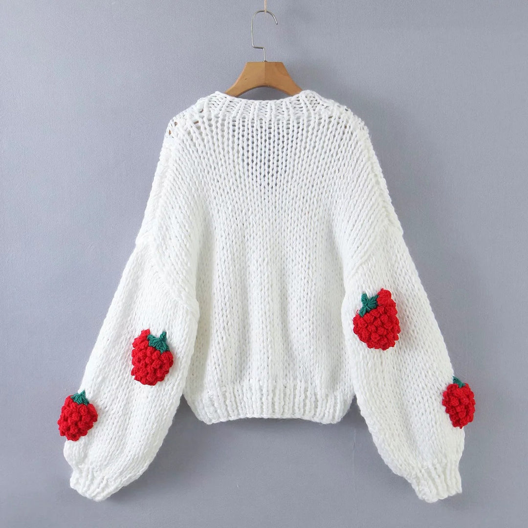 Knitted jacket for women with a fruity design and playful buttons Lune London