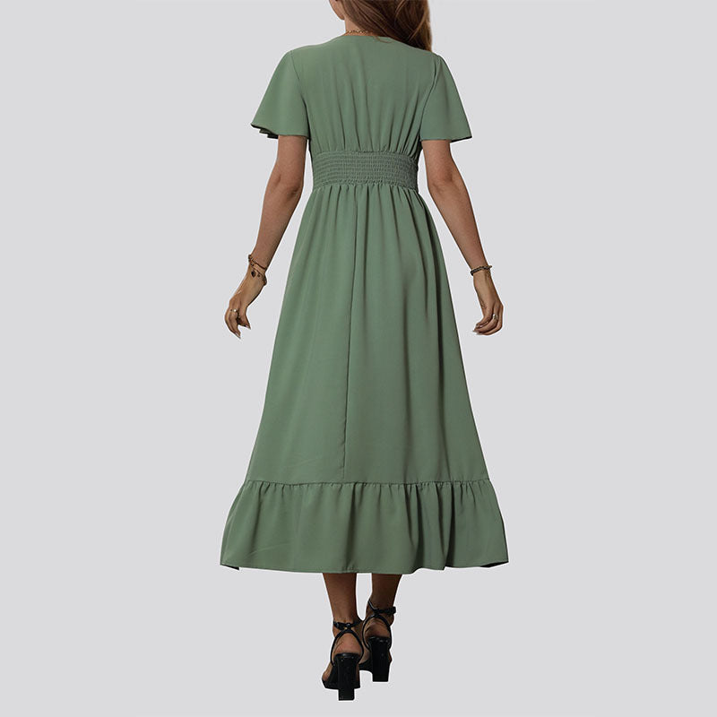 Fluid maxi dress for women with flutter sleeves and a button detail Lune London