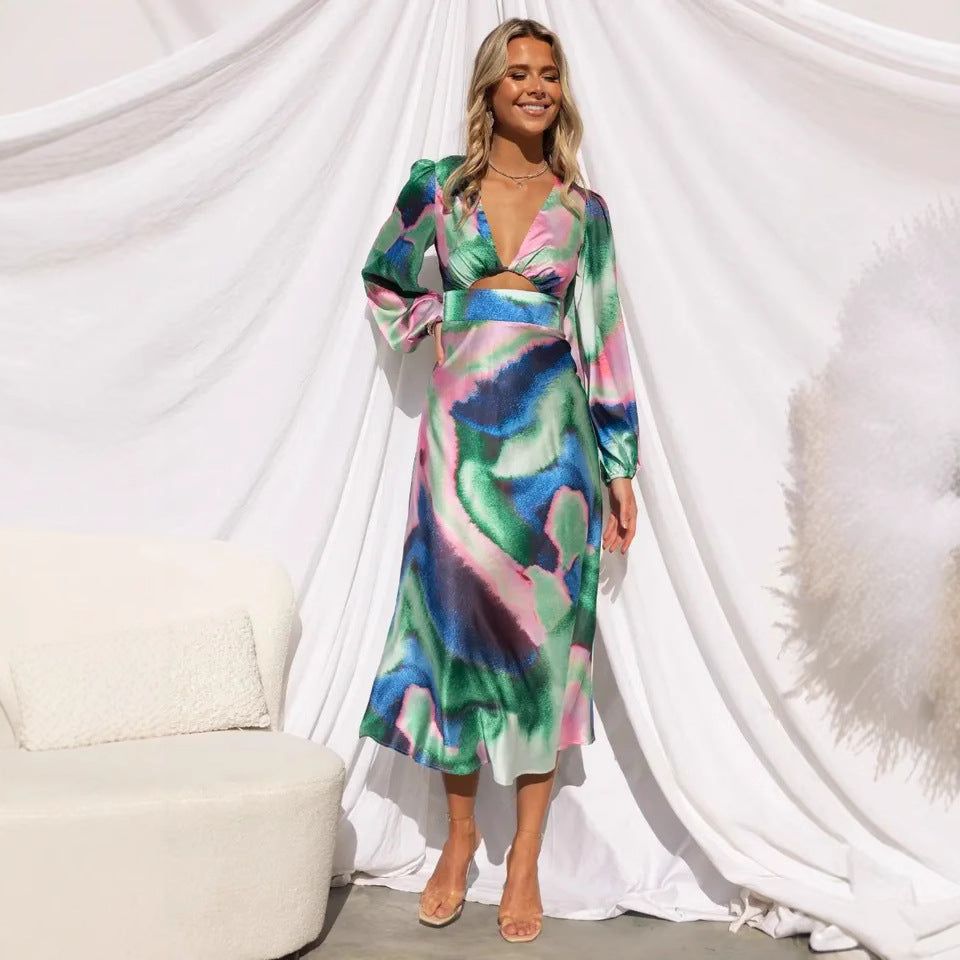 Women's midi dress with innovative cut and colorful pattern Lune London