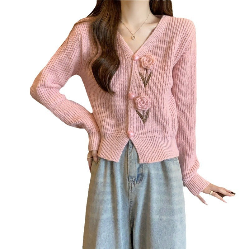 Knitted women’s jacket with floral appliqués Lune London