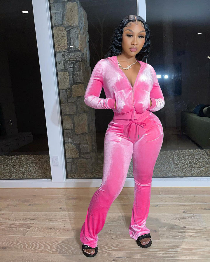 Ladies Sporty Velvet Jumpsuit with Hood and Chic Pockets