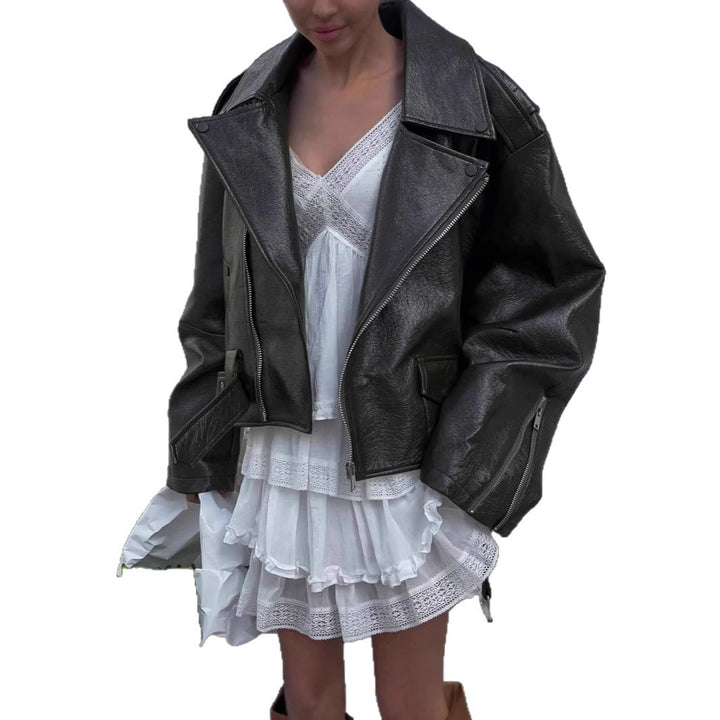 Oversized faux leather jacket for women with asymmetrical zipper Lune London