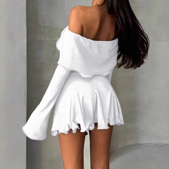 Mini off-shoulder dress for women with asymmetrical hem and long sleeves Lune London