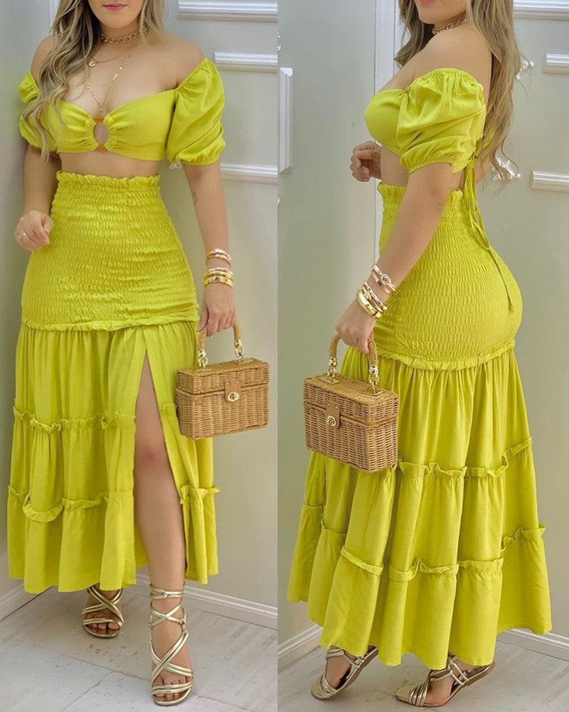 Ladies two-piece with gathered details and a high slit Lune London