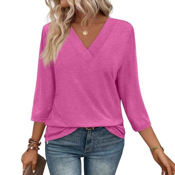 Women's V-Neck Top with Three-Quarter Sleeves and Side Slits Lune London