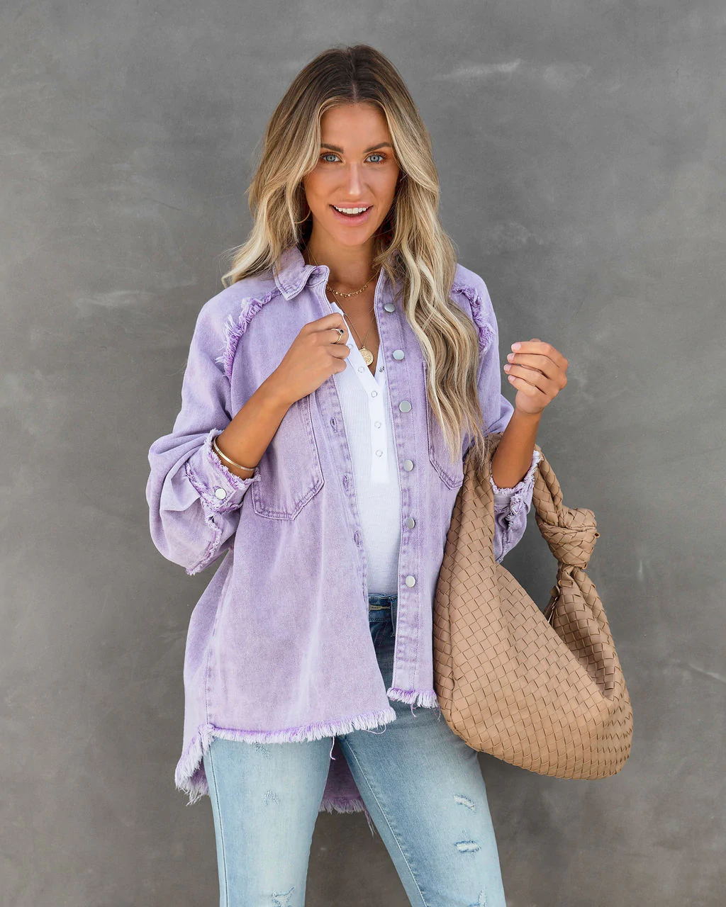 Plus size denim jacket for women with frayed details Lune London