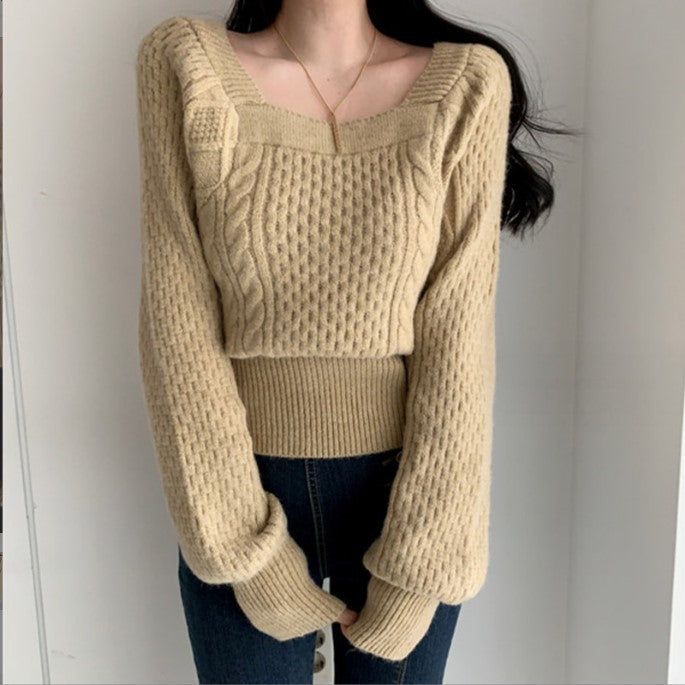 Pull femme en grosse maille avec des détails de tresse modernes et un col carré Lune London