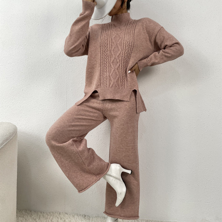 Elegant women's knit set with high collar and colorful pattern Lune London