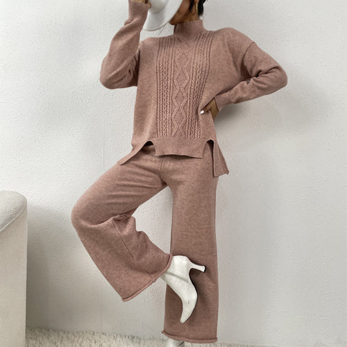 Elegant women's knit set with high collar and colorful pattern Lune London