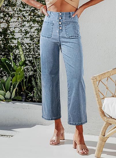 Women's High-Waist Jeans with Button Detail and Wide Leg Lune London