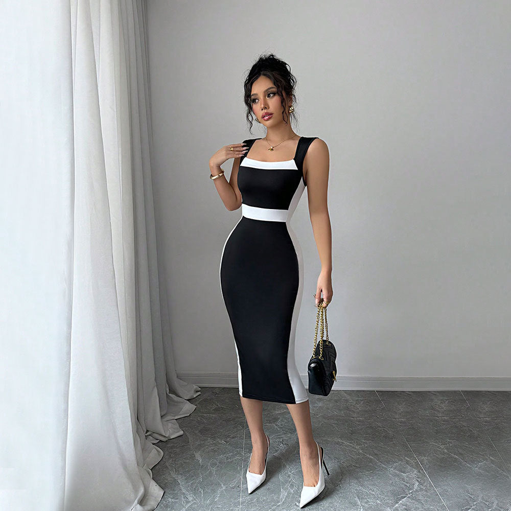Robe midi ajustée pour femme avec coupe tendance contrastante et bretelles fines Chic & Stil