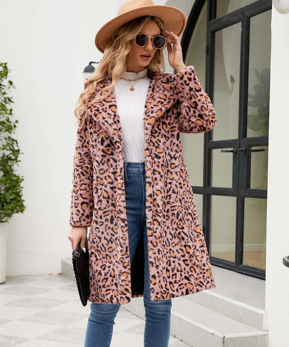 Ladies Plush Leopard Coat with Elegant Lapel Lune London