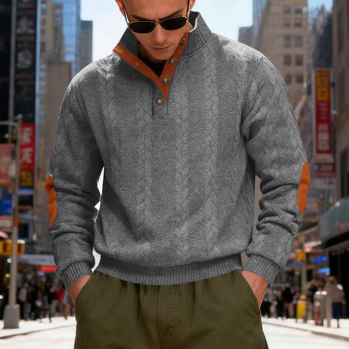 Structured knit sweater for men with high collar and snap button details Lune London