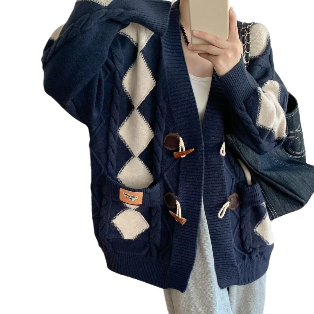 Thick knit cardigan for women with romantic diamond pattern and decorative wooden buttons Lune London
