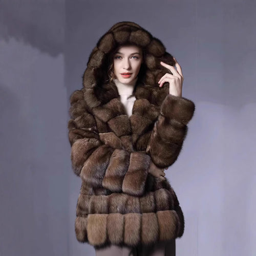 Luxury hooded coat for women in high-quality faux fur Lune London