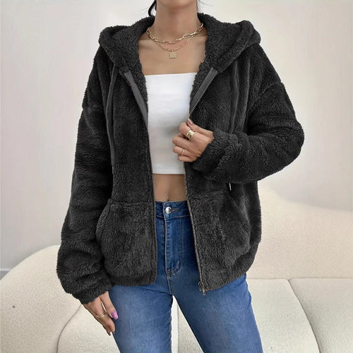 Ladies Cozy Fleece Jacket with Hood and Side Pockets Lune London