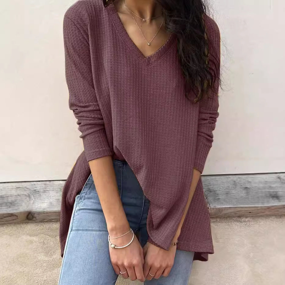 T-shirt à manches longues pour femmes avec décolleté en V et ourlet asymétrique Chic & Stil