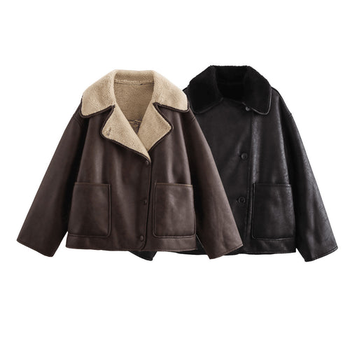 Faux leather jacket for women with soft collar and practical pockets Lune London