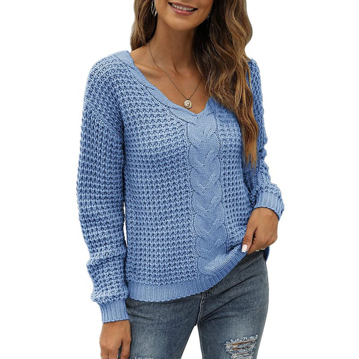 Casual knit pullover for women with deep V neckline and detailed cable pattern Lune London