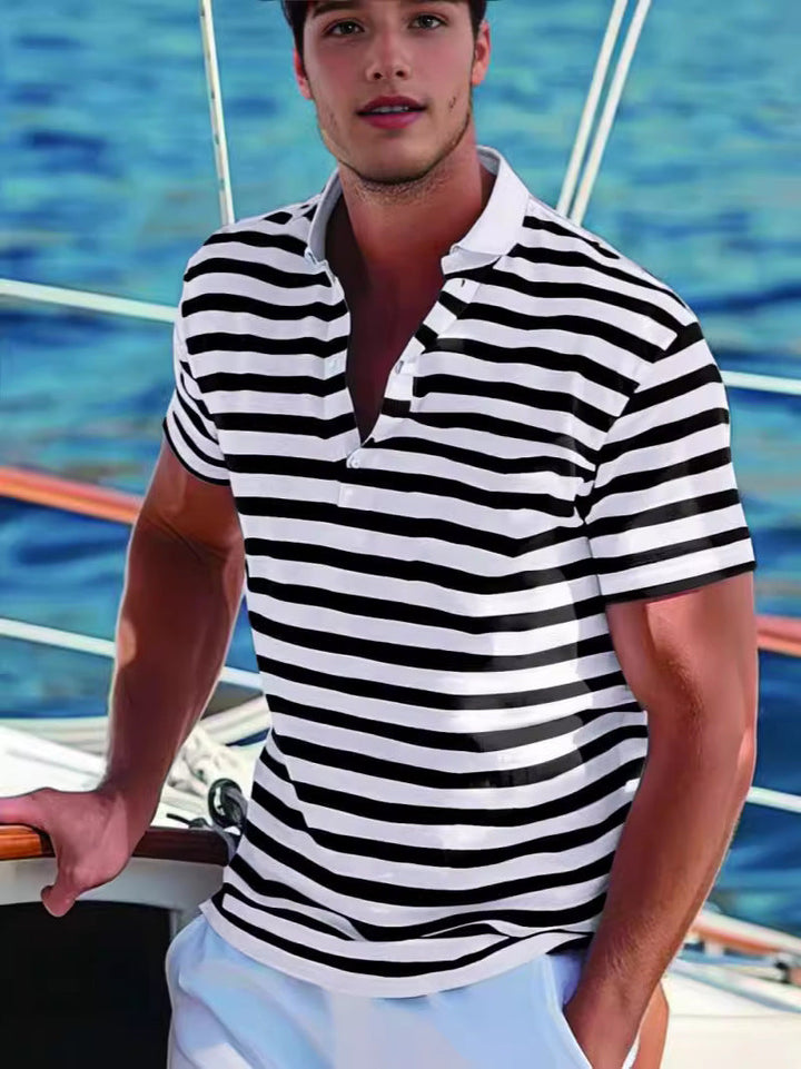 Men's polo shirt with modern nautical stripes and short stand-up collar Lune London