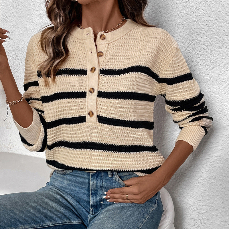 Fashionable knit sweater for women with button placket and striped pattern Lune London