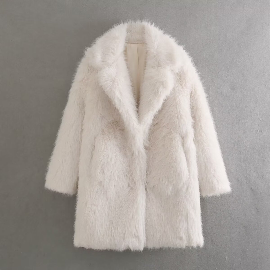 Faux fur coat for women with chic lapels and deep pockets Lune London