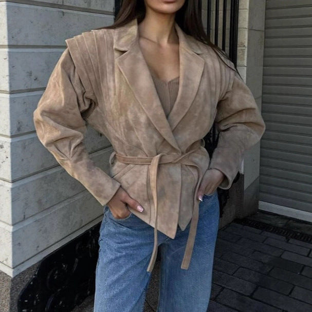 Ladies Elegant Jacket with Textured Details and Waist Belt Lune London