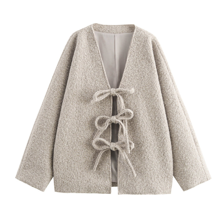 Oversized wool coat for women with decorative bow details Lune London