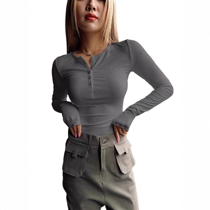 Long sleeve women's t-shirt with textured rib pattern and strategic button closure Lune London