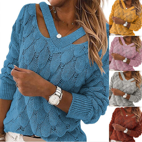 Knitted sweater for women with V-neck and refined ribbed structure Lune London