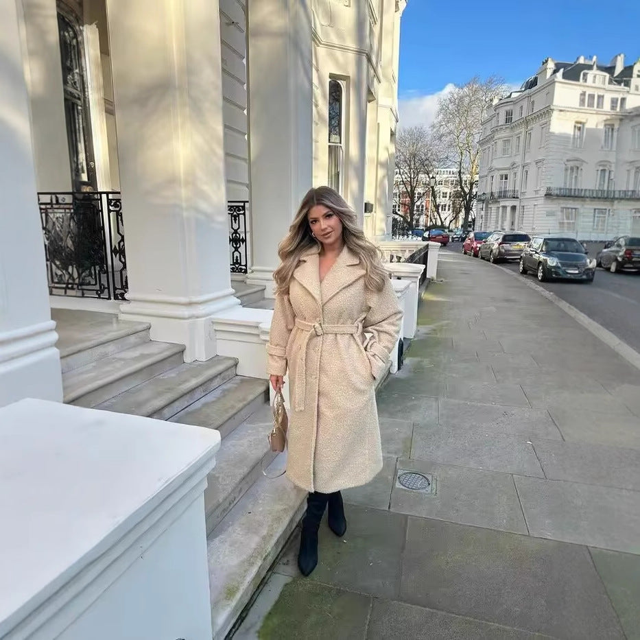 Ladies elegant oversized coat with belt and high-quality texture Lune London