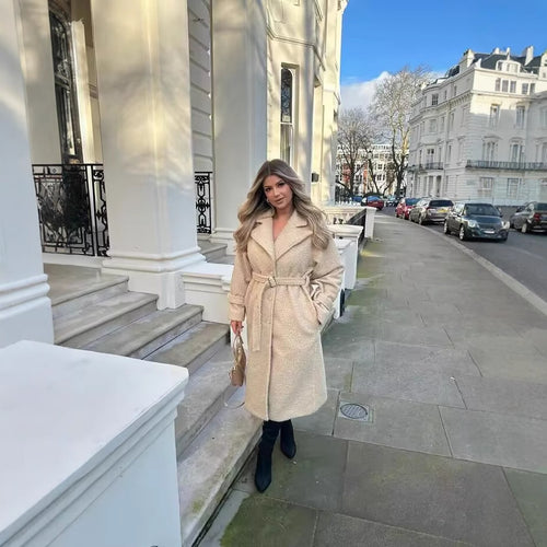 Ladies elegant oversized coat with belt and high-quality texture Lune London