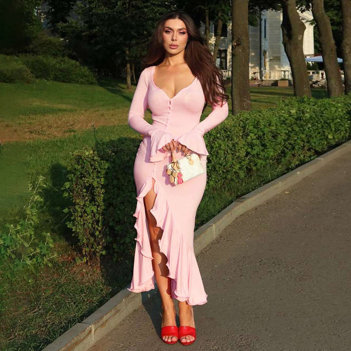 Elegant maxi dresses for women with ruffles and button placket Lune London