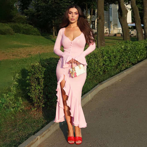 Elegant maxi dresses for women with ruffles and button placket Lune London