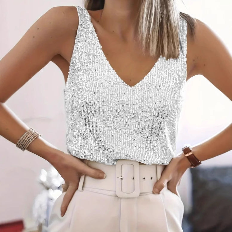 Women's Glittering Top with V-Neck and Sparkling Sequin Trim Lune London