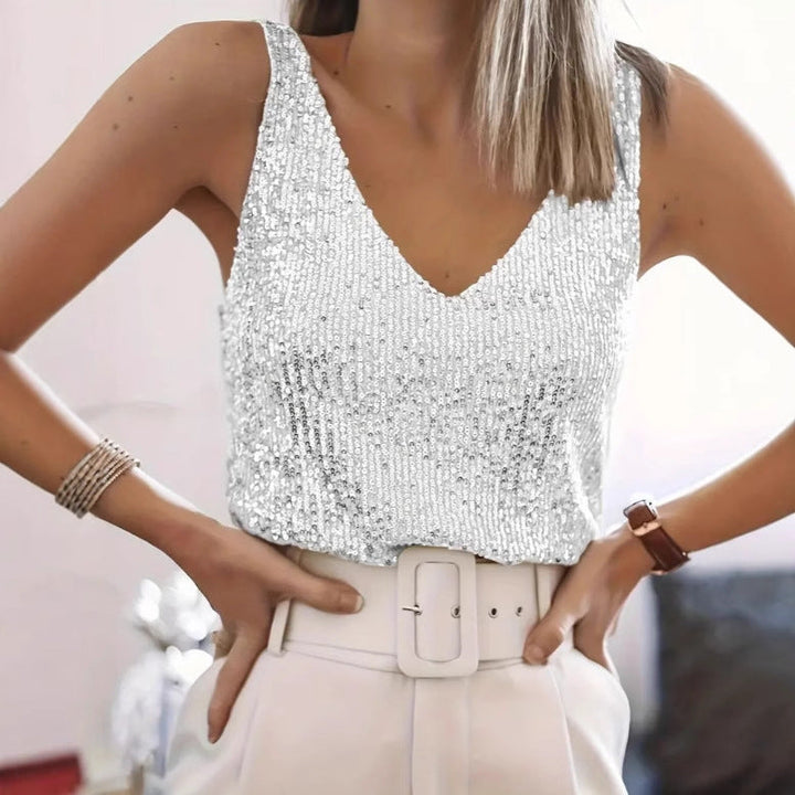 Women's Glittering Top with V-Neck and Sparkling Sequin Trim Lune London
