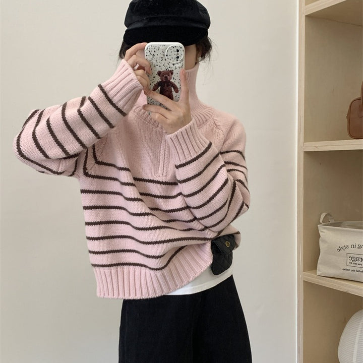 Pull en tricot décontracté pour femmes avec col sportif et motif rayé Chic & Stil