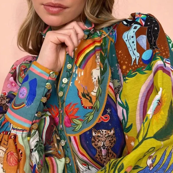 Robe midi ludique pour femmes avec motif animal et floral coloré et manches larges Chic & Stil