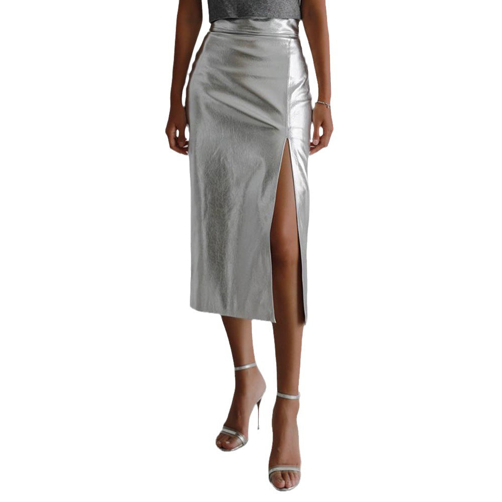 Shiny mid-length skirt for women with high slit and asymmetrical hem Lune London
