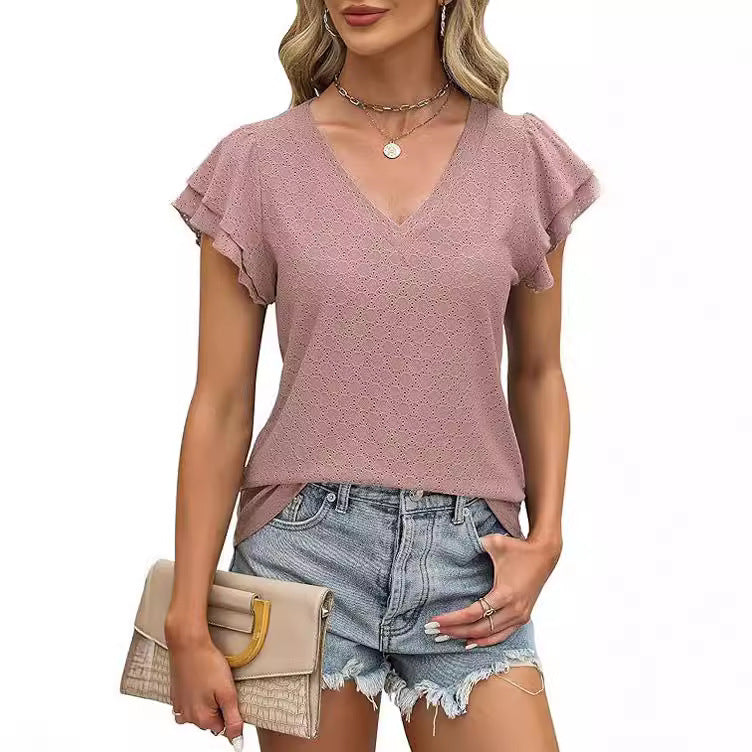 V-neck women's T-shirt with ruffle details Lune London