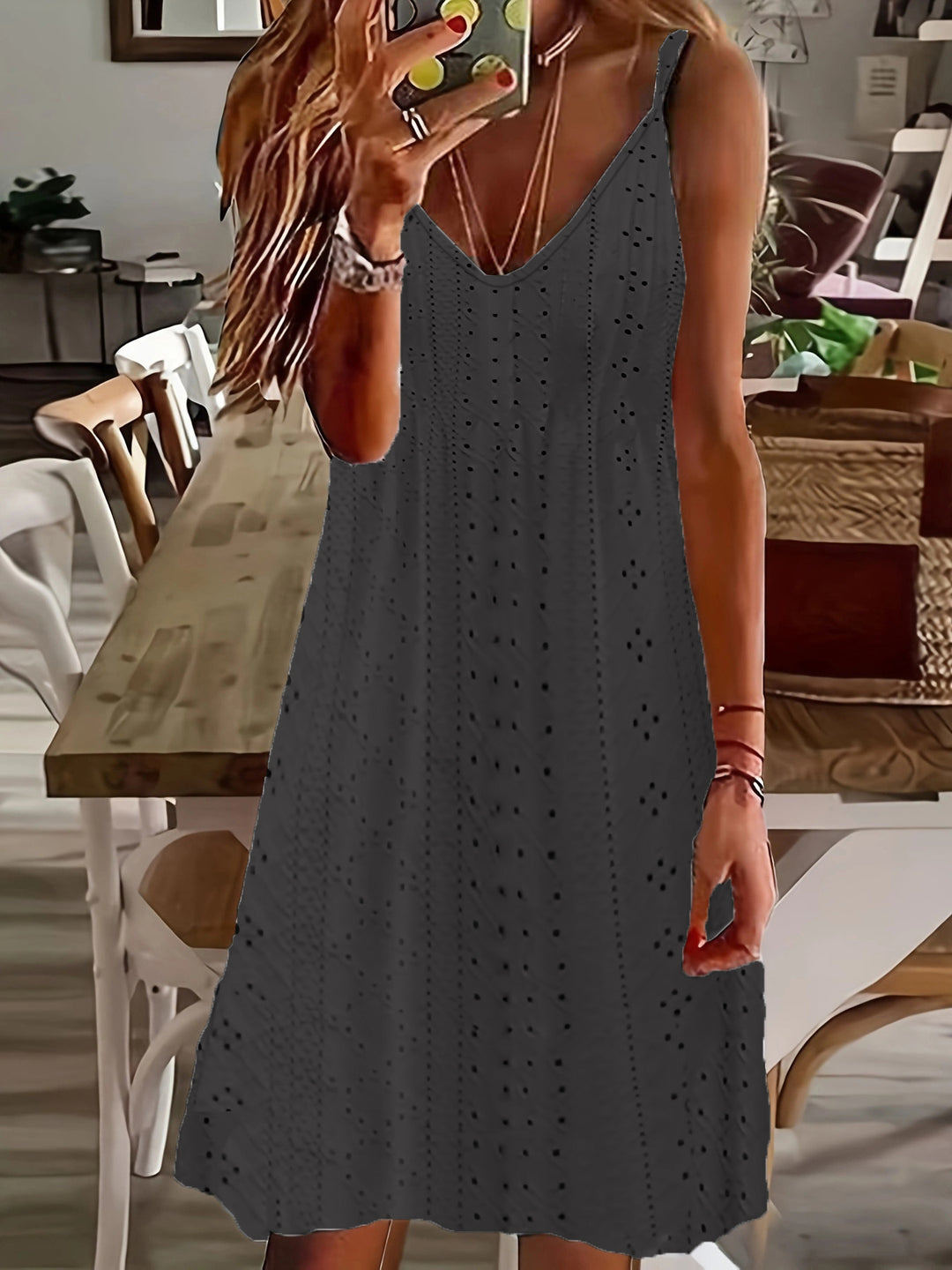 Women’s sleeveless summer dress with decorative cut-out pattern and V-neck Lune London
