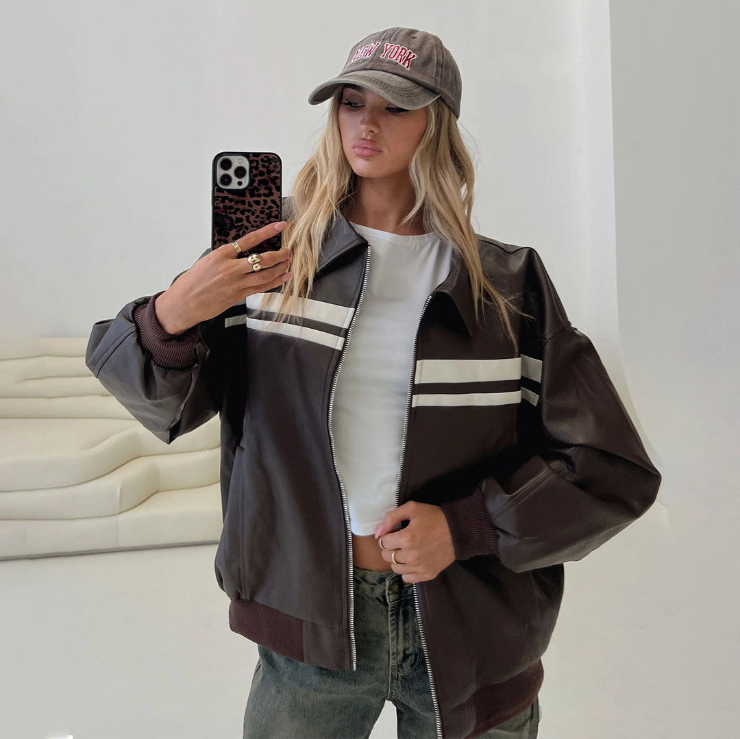 Faux leather fashion jacket for women with a sporty striped design and a relaxed fit Lune London