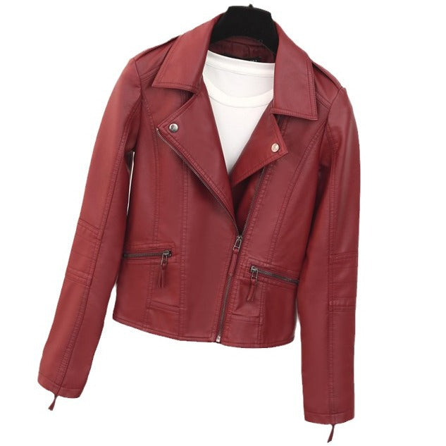 Leather jacket for women with asymmetrical zip and decorative studs Lune London