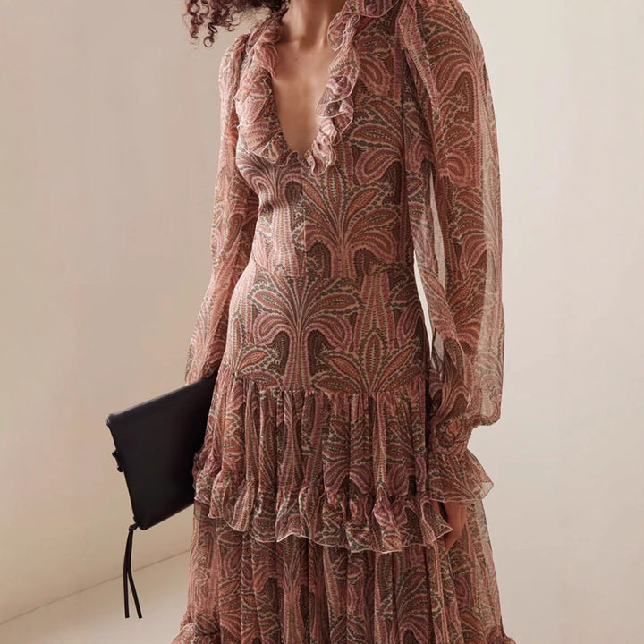 Maxi dress for women with ruffled fabric and elegant V-neck Lune London